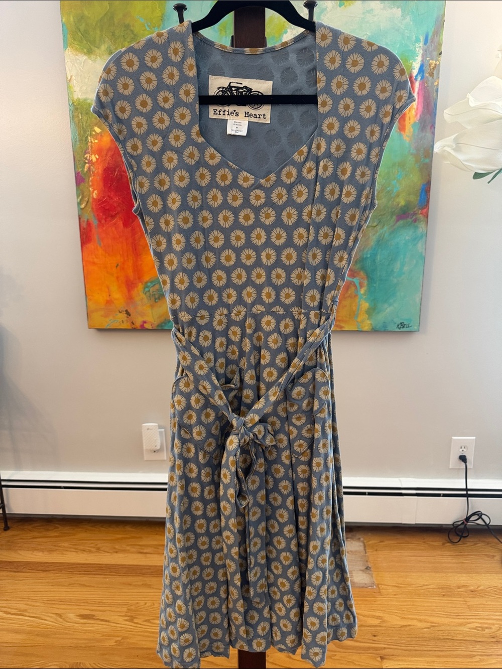 Effie's Heart Gray Blue Daisy Tie-Waist Midi Dress